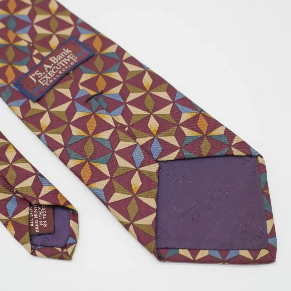 Jos A Bank Executive Red Tan Green Geometric‎ Print Silk Tie